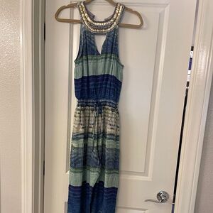 CHARLIE JADE Graphic Print Embellished Neck Blue Green Jumpsuit Size S